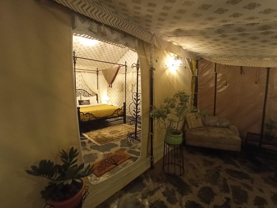 Luxury tent bedroom interior at cottage near mussoorie