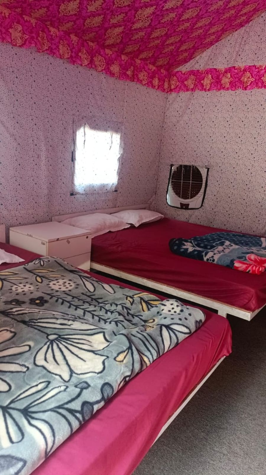 Compact guest room with patterned wall fabric and twin cots in Rishikesh