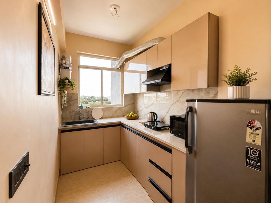 Modular kitchen with refrigerator tiny home homestay karnal