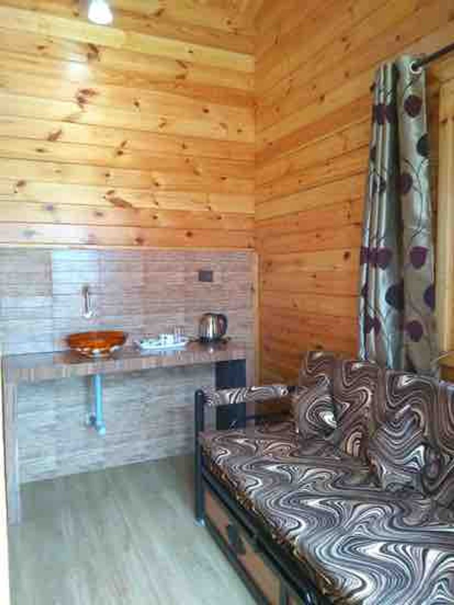 Washbasin mirror counter inside cozy woods cottage goa