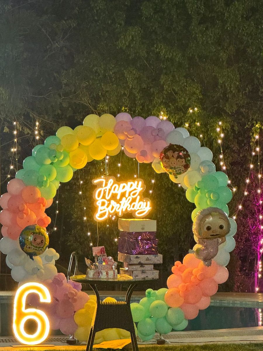 Colorful birthday balloon stage near by farmhouse gurgaon
