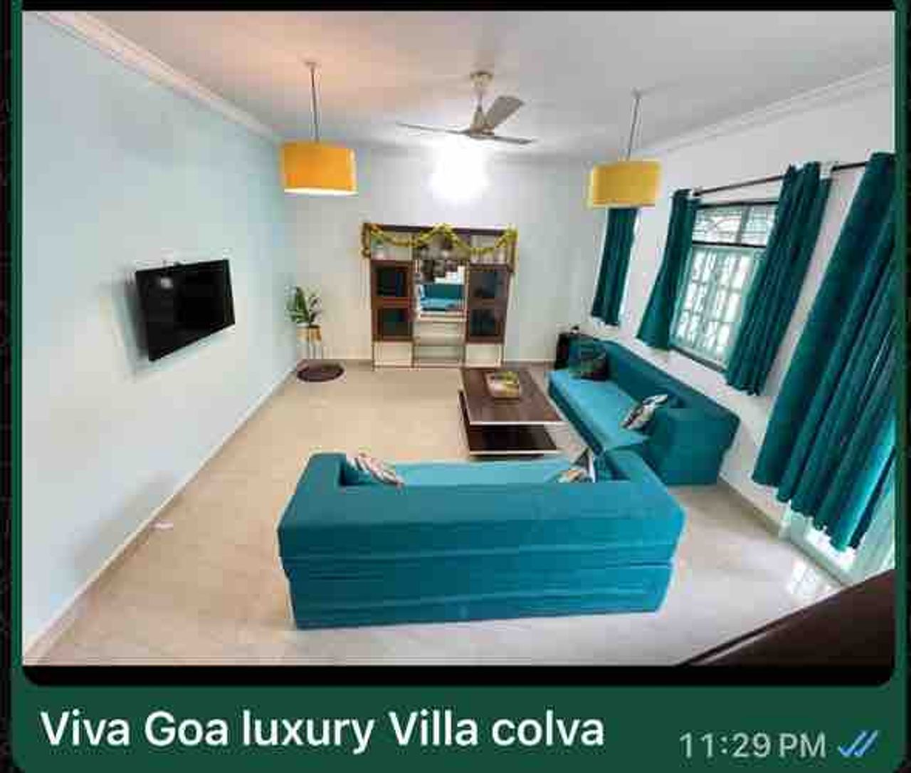 Spacious living room turquoise sofa viva goa luxury villa