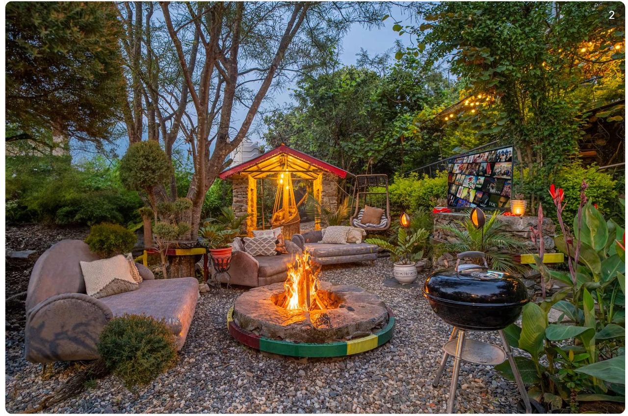 Outdoor bonfire pit evening setup cottage near mussoorie